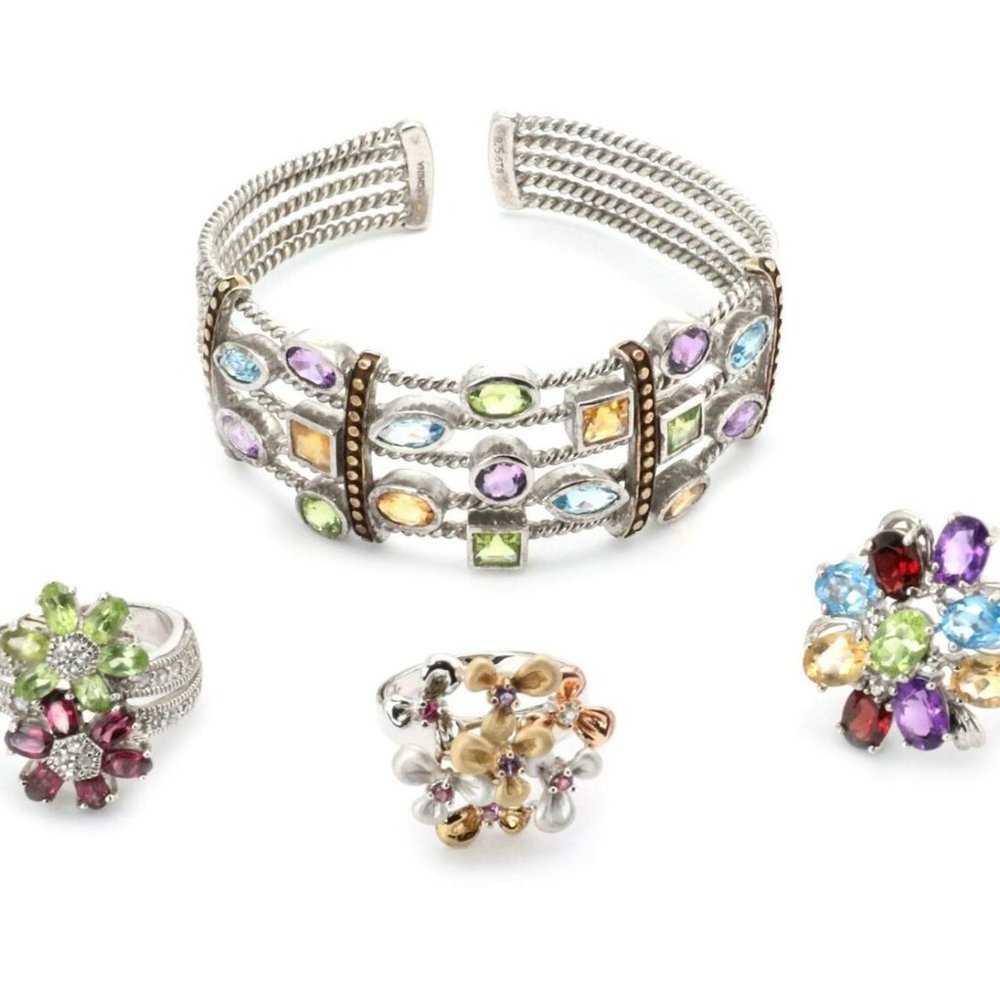 Vintage 925 Silver & Gems 4pcs Cuff Bracelet&Rings